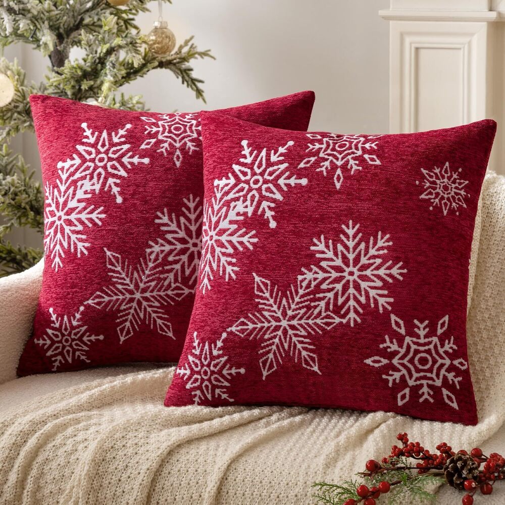 7598 Christmas 2 Pack Red Chenille Throw Pillow Covers Soft Pillow Cases